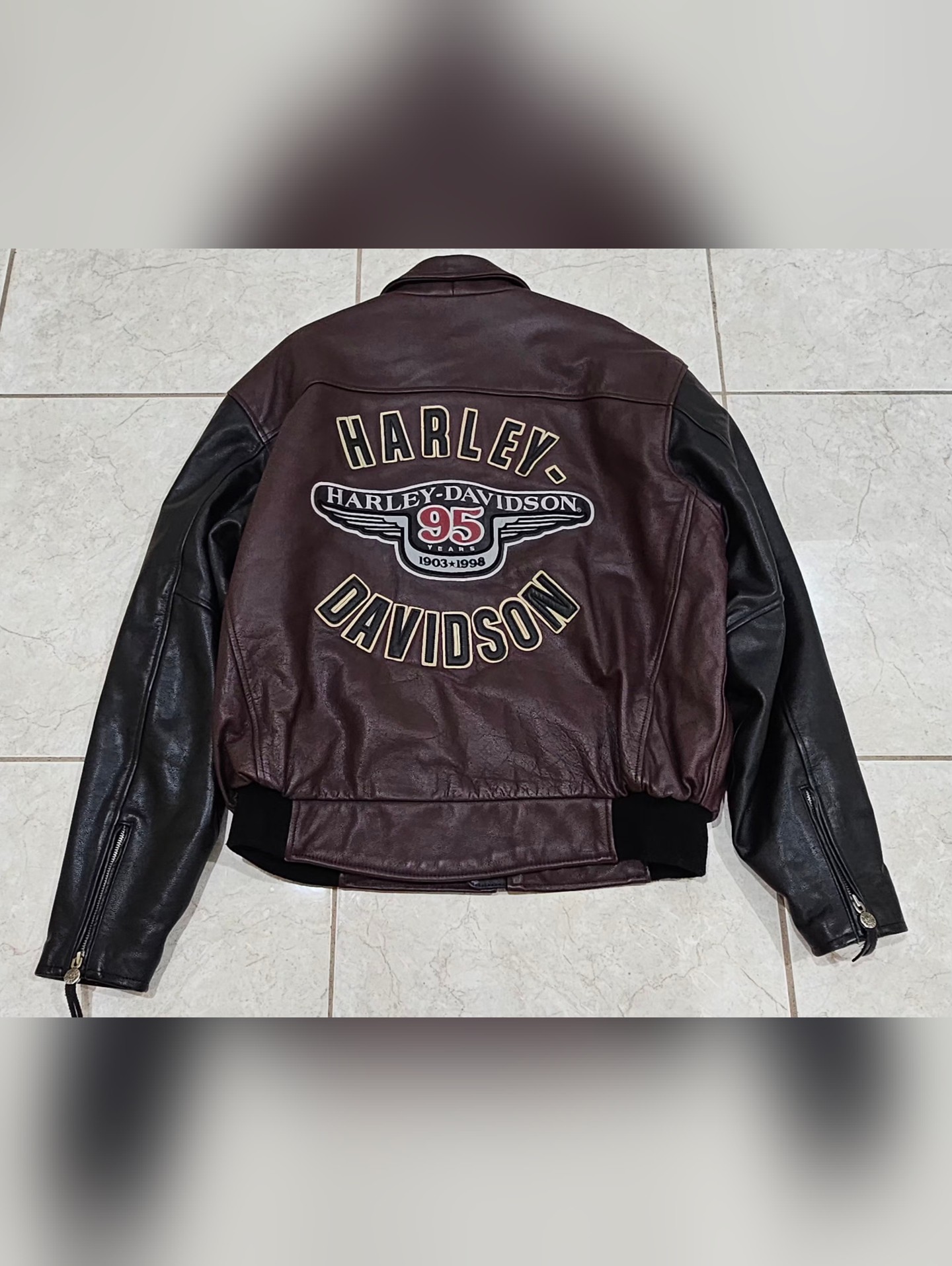 Harley-Davidson Mens Two-Tone Leather Bomber Jacket - Burgundy & Black